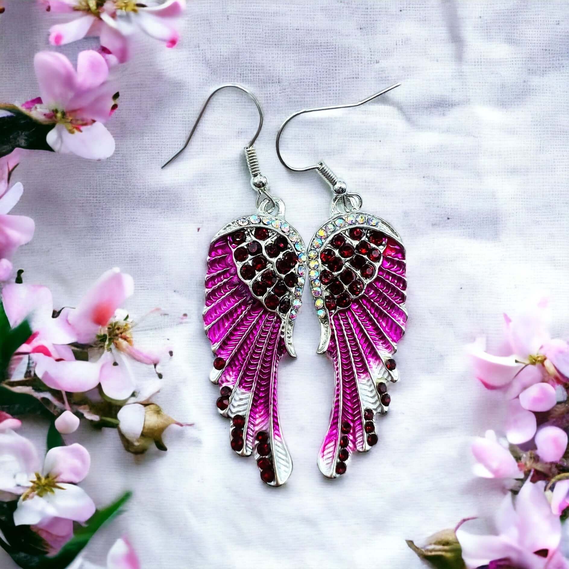 Pink Angel wing earrings with diamanté