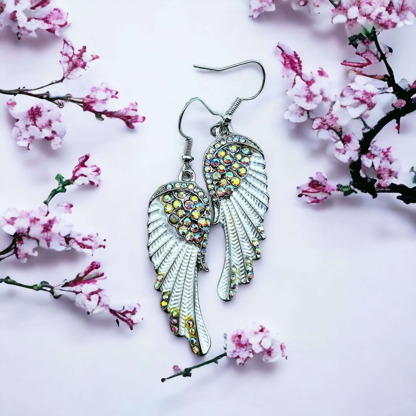 White Angel wing earrings with diamanté 