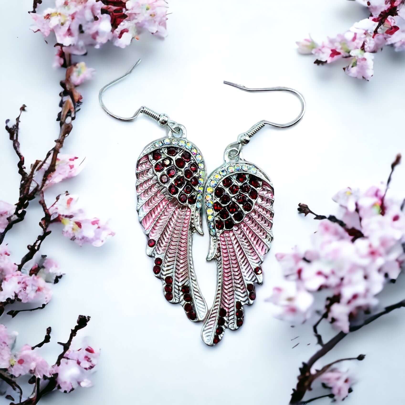 Red Angel wing earrings with diamanté