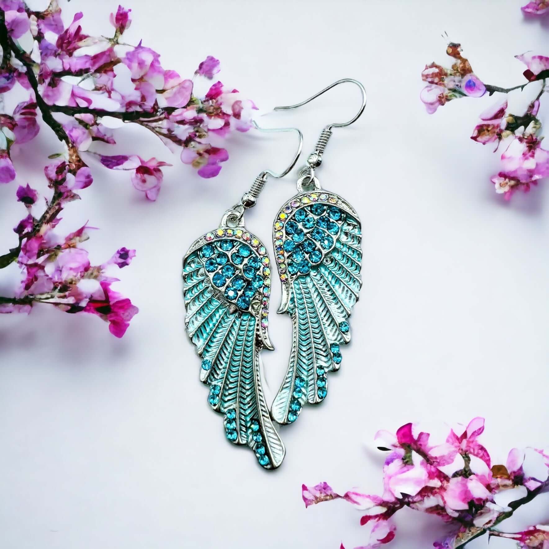 Blue Angel wing earrings with diamanté