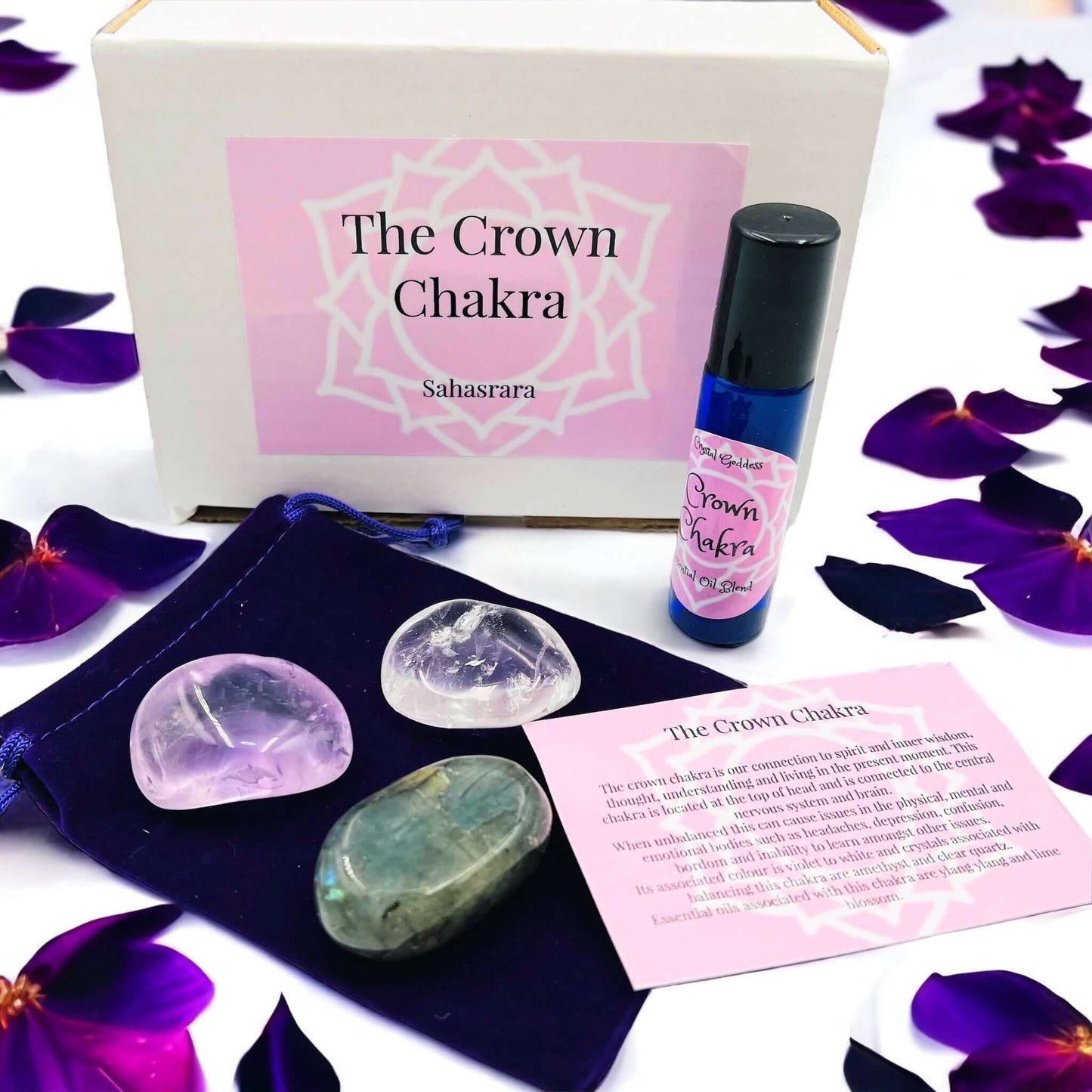 Crown chakra gift set with crystals and aromatherapy roller