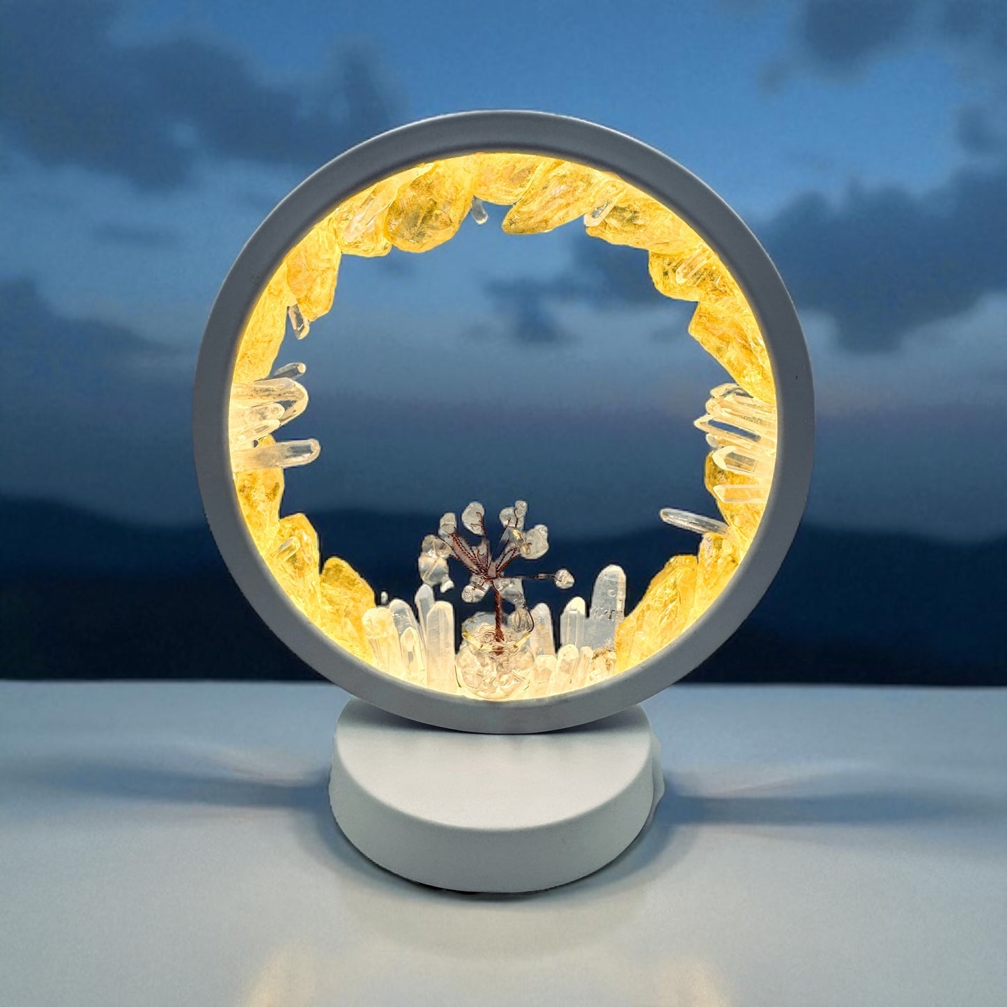 Crystal lamp "Aura Sun Fire" with yellow aura quartz and clear quartz, featuring a central clear quartz crystal tree for warm, magical glow.