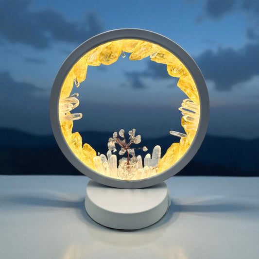 Crystal lamp "Aura Sun Fire" with yellow aura quartz and clear quartz, featuring a central clear quartz crystal tree for warm, magical glow.