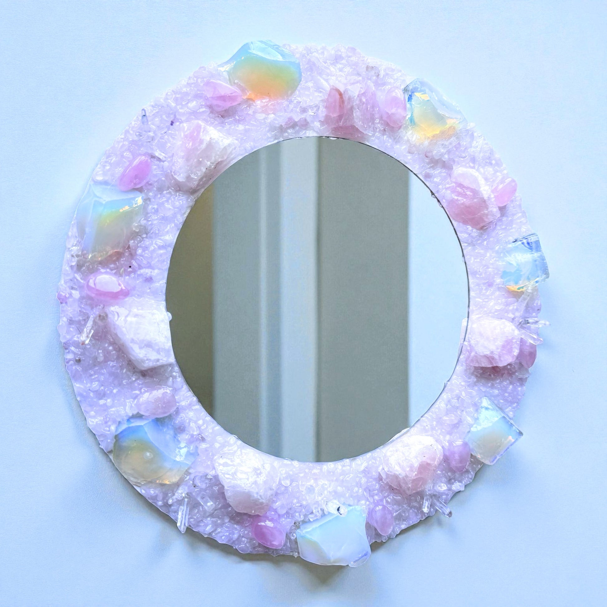Crystal Mirror "Aphrodite's Dream" 28cm with rose quartz and opalite frame