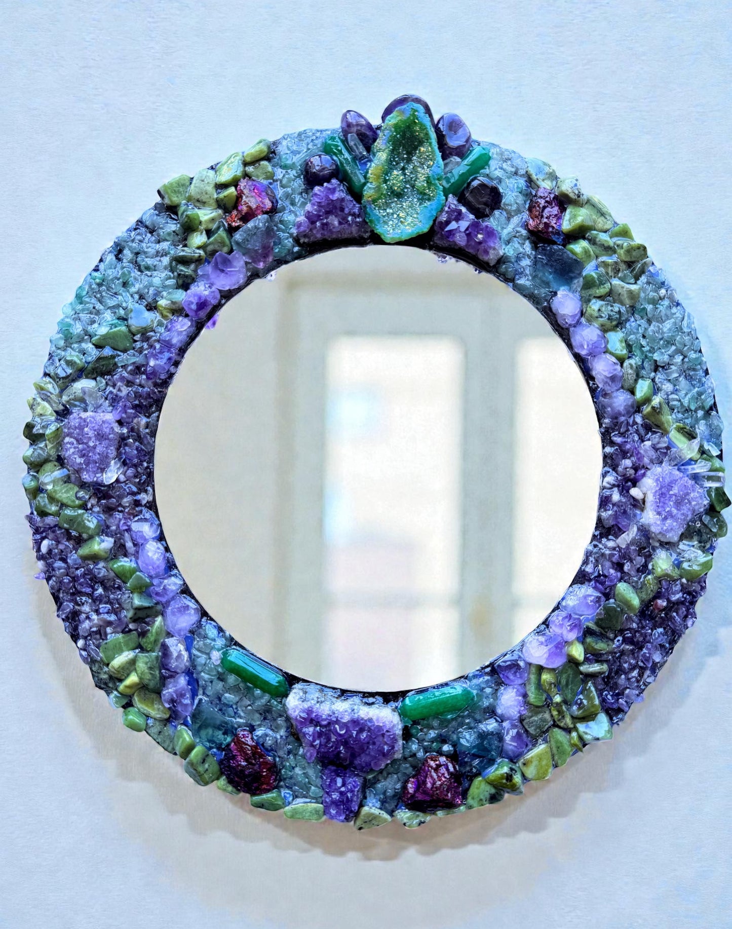 Crystal Mirror “Fae Forest” with amethyst, jade, aventurine, pyrite, and geode accents, 28cm frame and 18cm mirror.