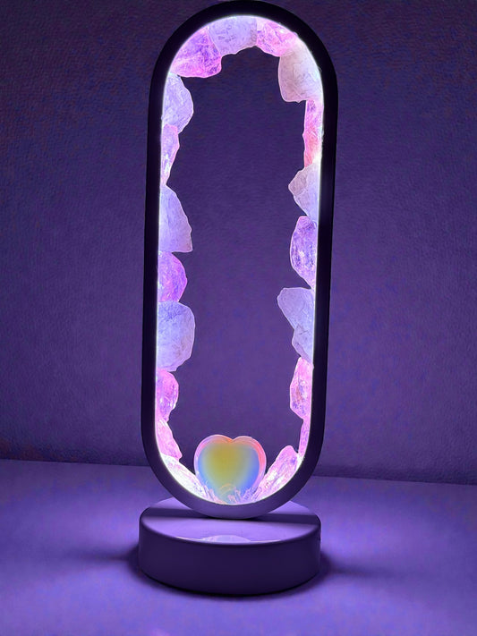 Opal Heart Crystal Portal Lamp with glowing opalite heart and clear quartz, radiating pastel purples, soft blues, and warm pink glow.