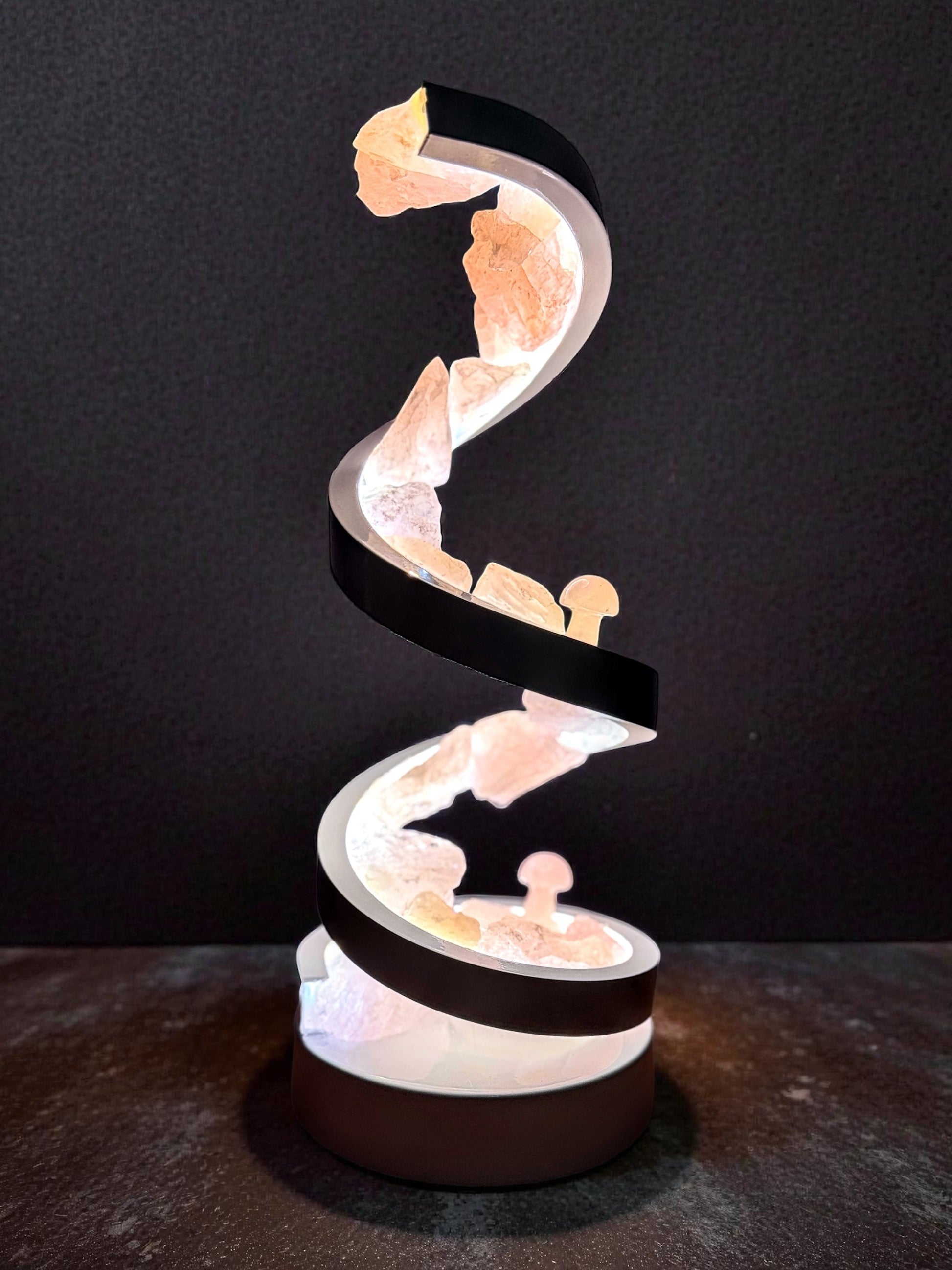 Crystal lamp "True Love Spiral" with rose quartz, LED-lit, 30cm tall, creating warm ambiance, USB-powered, natural design.