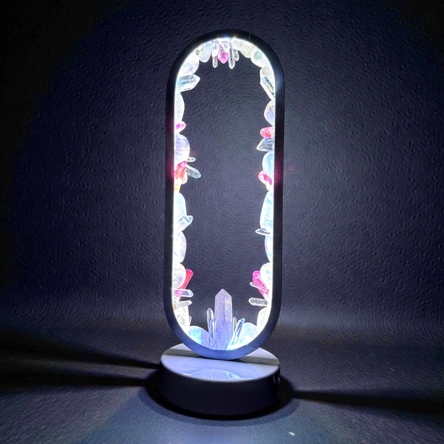 Crystal lamp "Loves Aura" with clear, rose, and pink aura quartz lighting for love and balance.