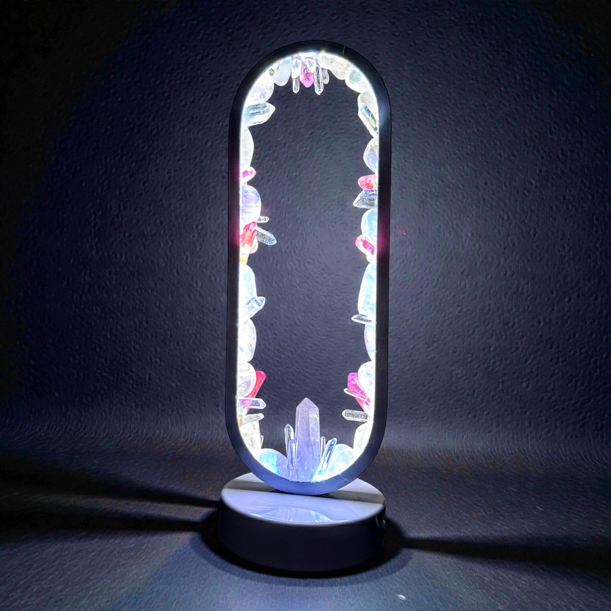 Crystal lamp "Loves Aura" with clear, rose, and pink aura quartz lighting for love and balance.