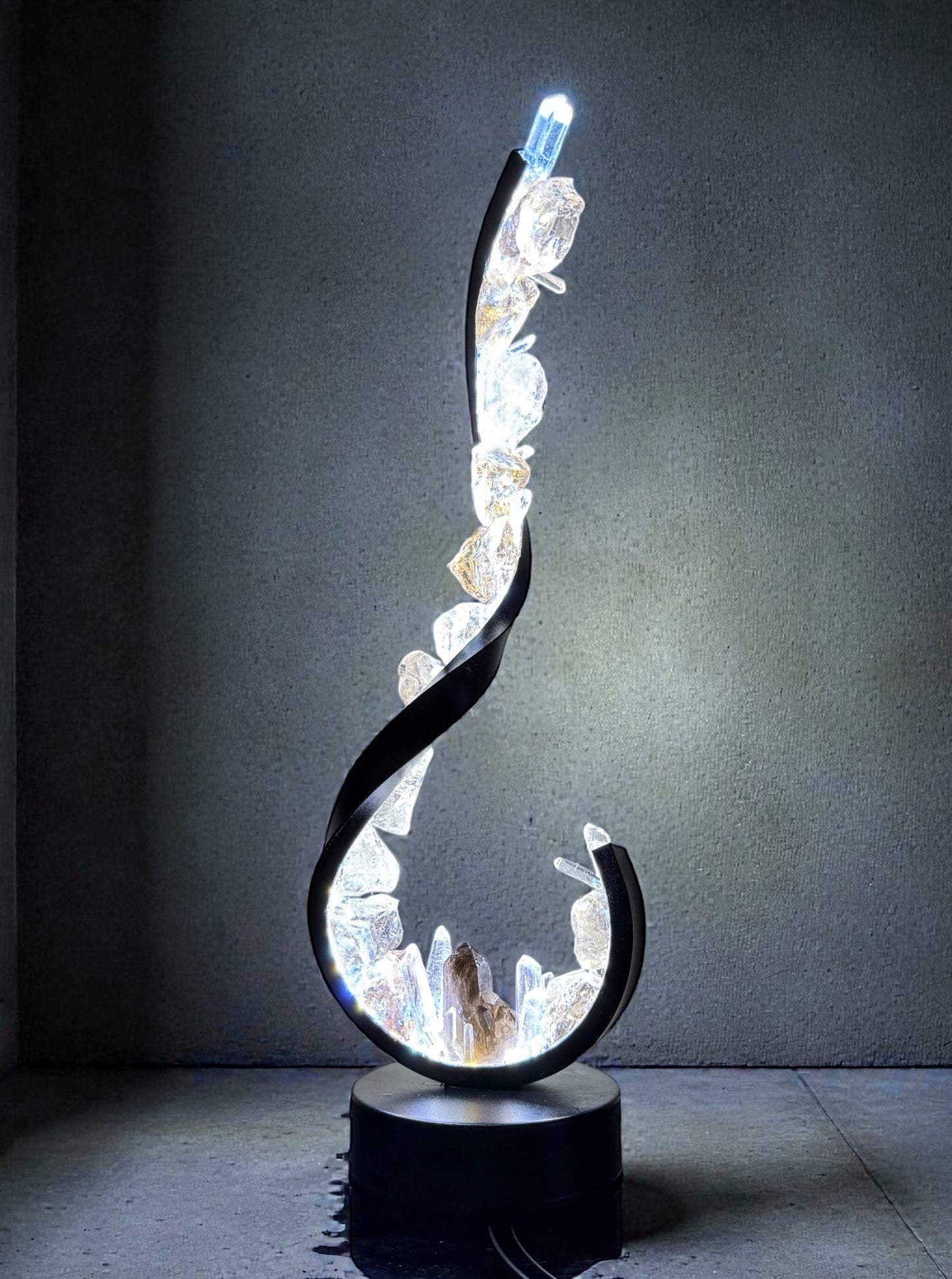 Crystal lamp with smoky and clear quartz in a wave shape, bringing calm and energy to any space, 35 cm sculptural lighting piece.