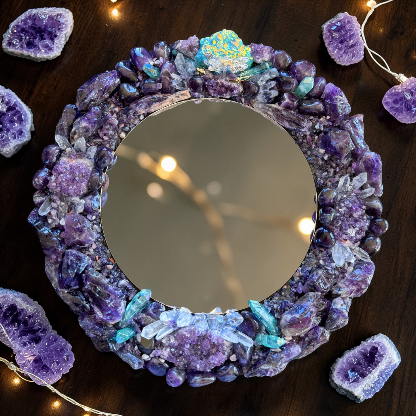 Mystic Crystal Mirror 28cm with Amethyst and Blue-Green Aura Quartz, featuring clear quartz points for depth and texture. Focus: crystal mirror