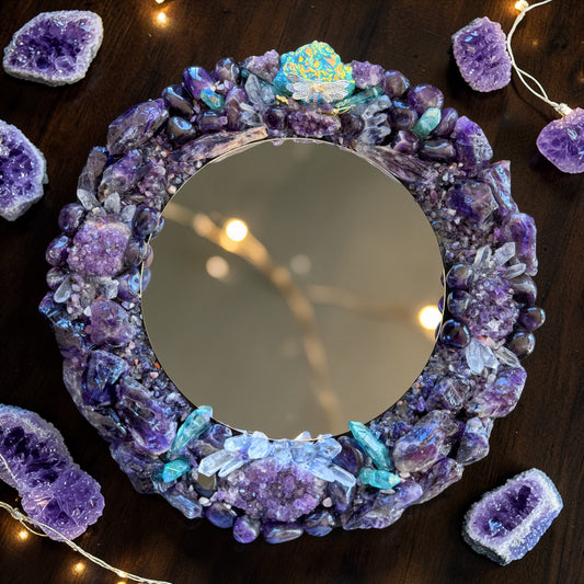 Mystic Crystal Mirror 28cm with Amethyst and Blue-Green Aura Quartz, featuring clear quartz points for depth and texture. Focus: crystal mirror