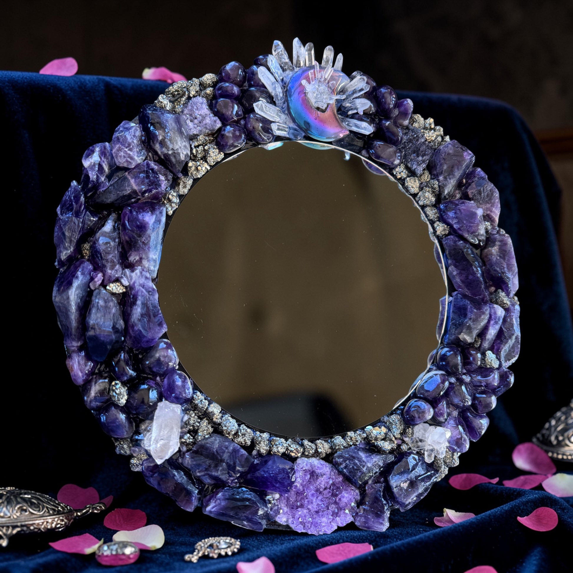 Moonlight Magic Crystal Mirror 28cm with amethyst, clear quartz, pyrite, and aura agate moon on velvet setting