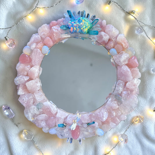 Mermaids Magic Crystal Mirror 28cm framed with rose quartz, clear quartz, opalite, featuring blue-green aura quartz cluster.