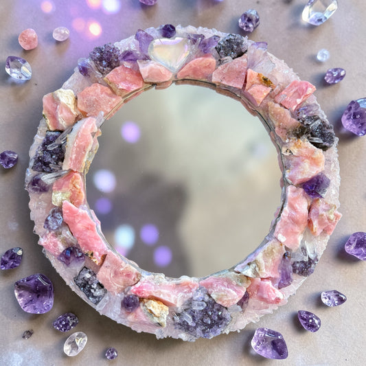 Angel Aura Love Crystal Mirror 28cm framed with Pink Aura Quartz, Rose Quartz, Amethyst, Clear Quartz, featuring an Aura Quartz heart.