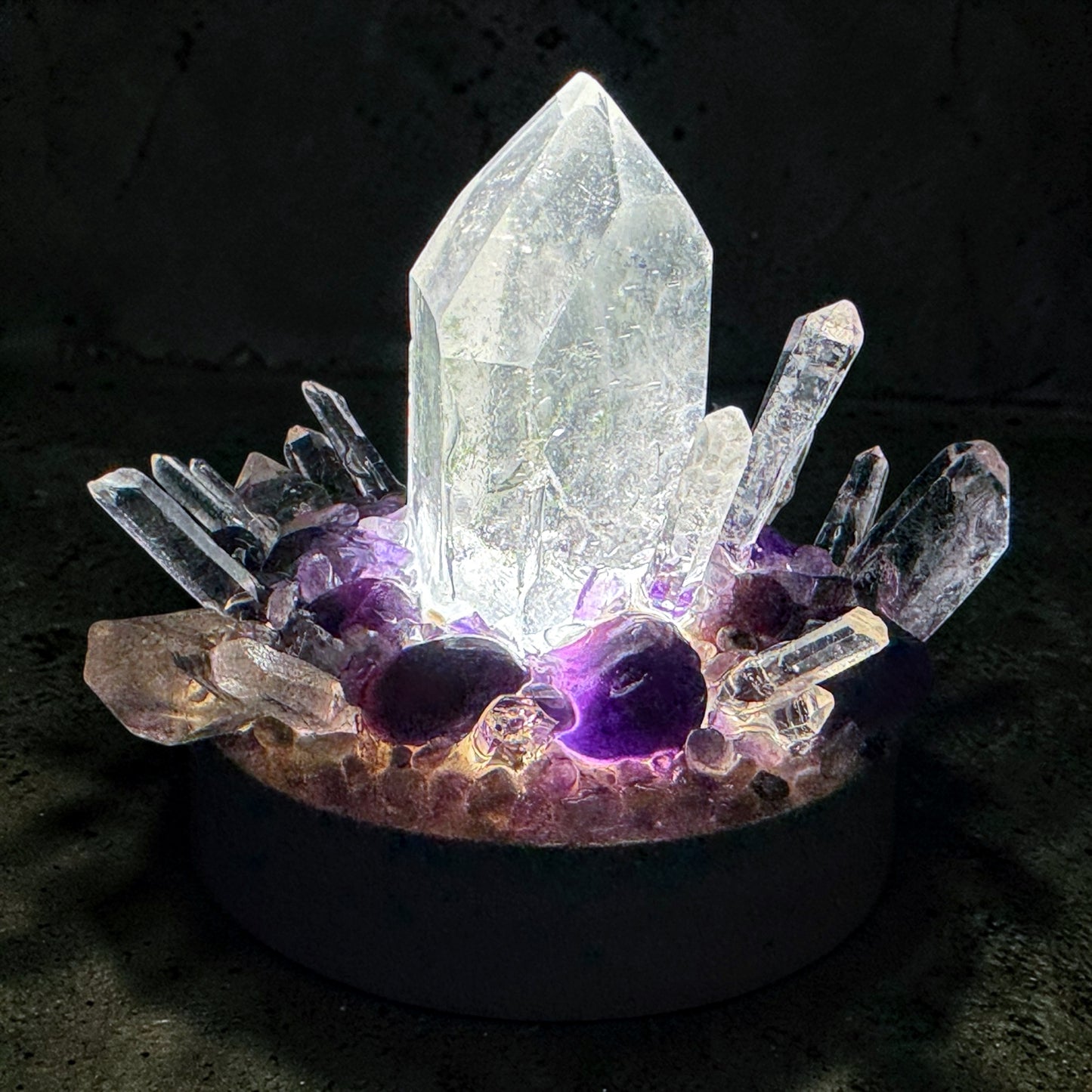 Crystal Cluster Lamp Clear Quartz point & Amethyst.