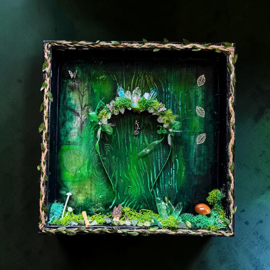 Emerald Fae Crown Shadow Box featuring moss, crystal crown and woodland details in a vivid emerald green setting.