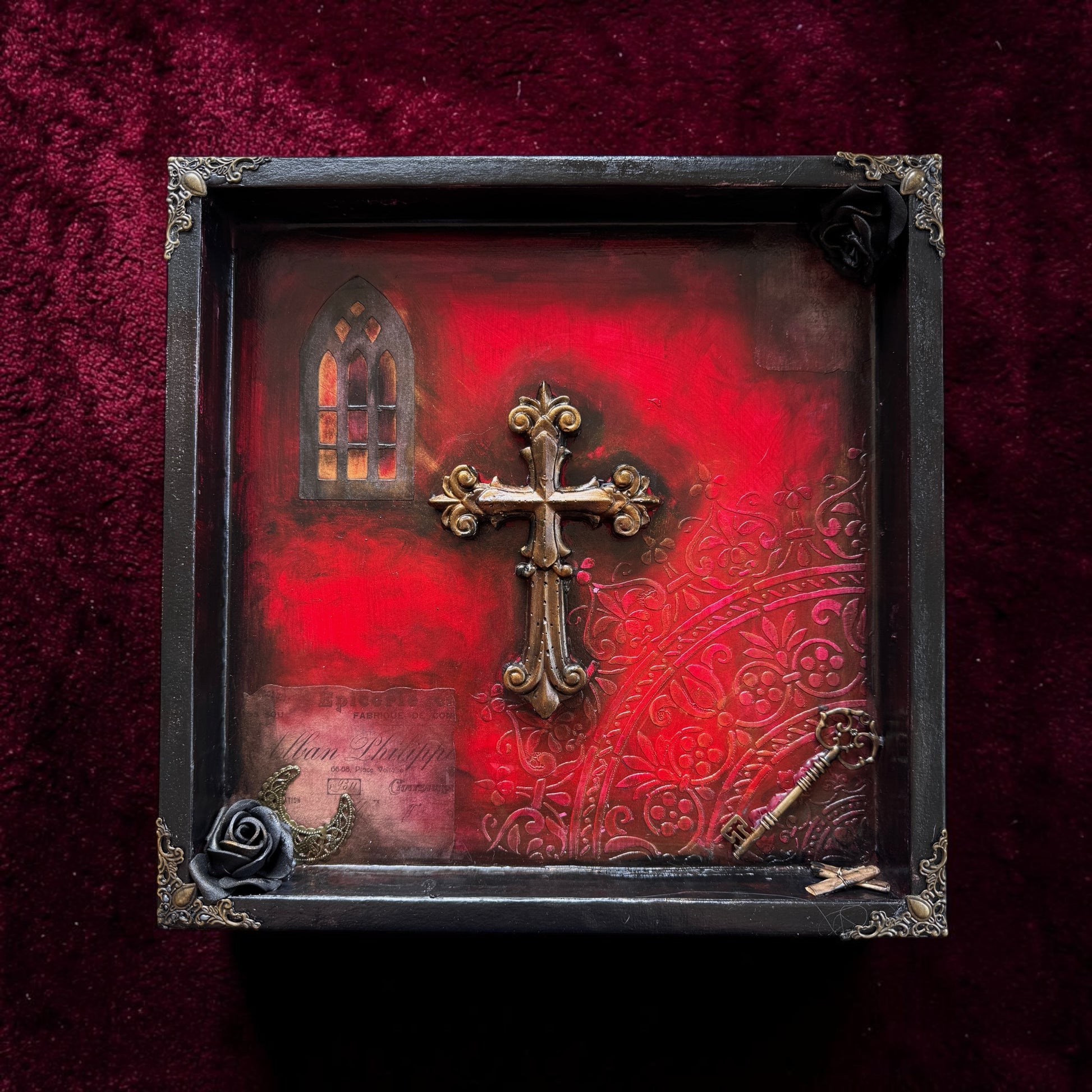 Crimson Relic shadow box featuring gothic cross, ornate key, and mixed-media crystal art design.