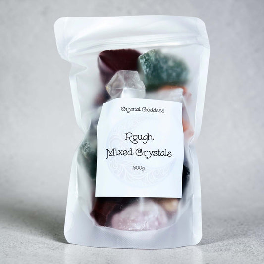 Rough Mixed Crystals Pack 300g in a clear bag with colorful natural stones.