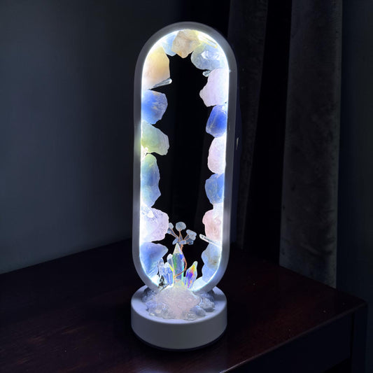 Blue Rose Portal Crystal Lamp featuring blue calcite and rose quartz crystals with a decorative crystal tree.