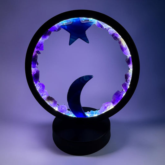 Celestial Night Crystal Lamp featuring amethyst, blue agate star, and crescent moon with soft glowing light.