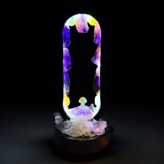 Enchanted Garden Crystal Lamp glowing with opalite, amethyst, and clear quartz, featuring a soft opalite mushroom.
