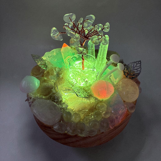 Crystal Fairy Garden Tree ( Rainbow light) with glowing crystals and illuminated miniature landscape.