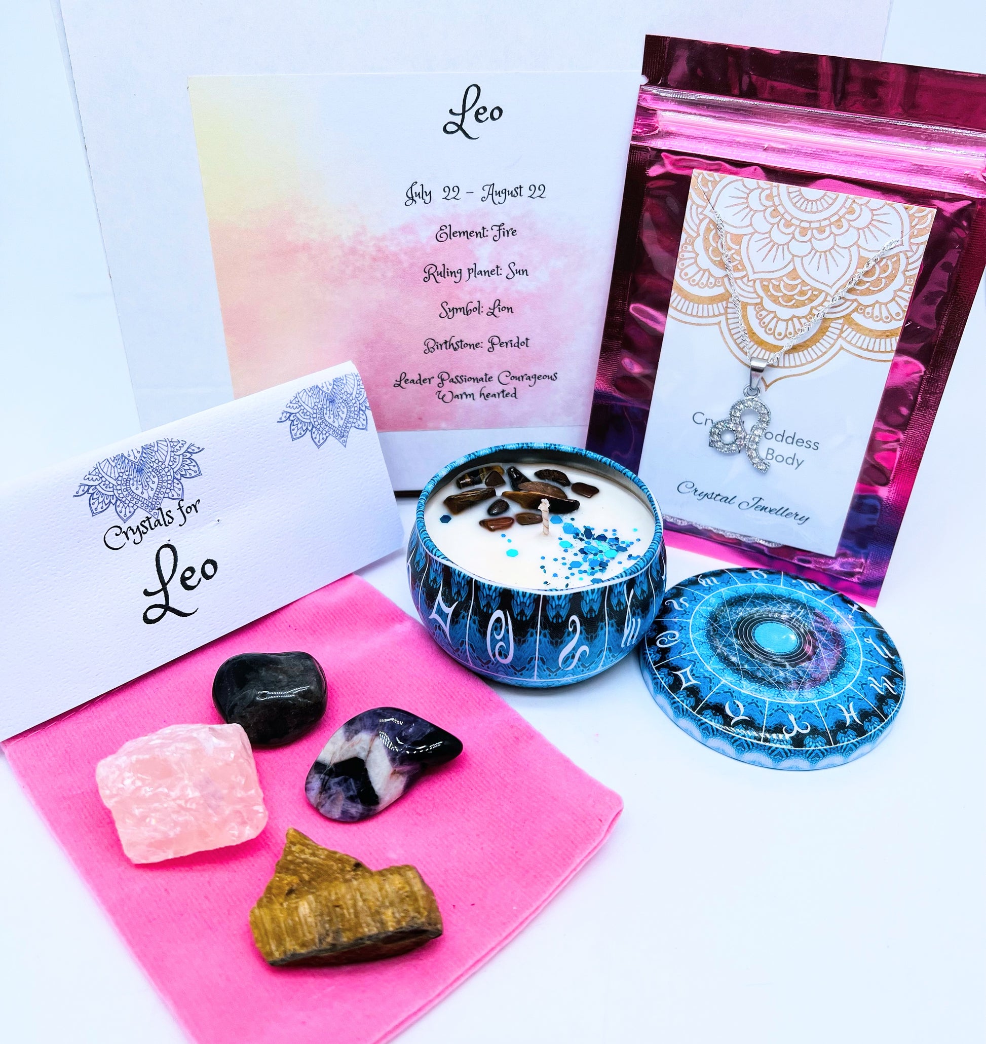 Leo Zodiac gift box showing crystals for this sign and pendant necklace and crystal set. 