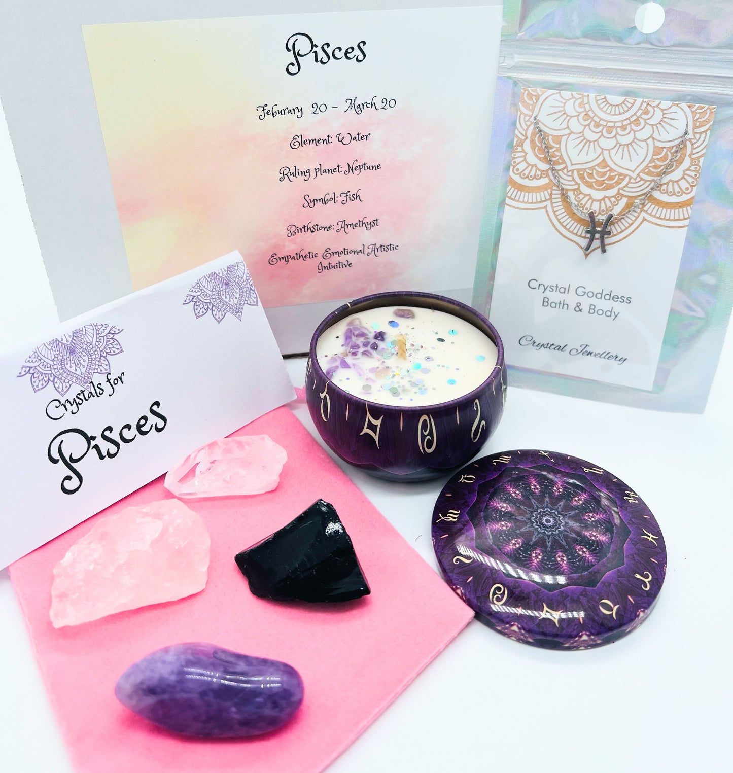 Pisces Zodiac gift box showing crystals for this sign and pendant necklace and crystal set.