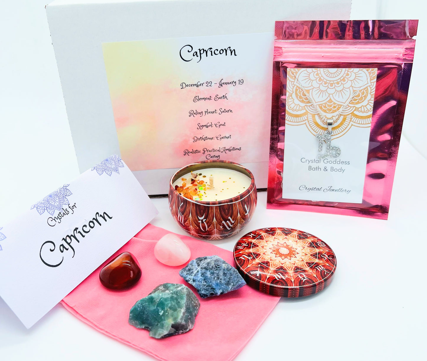 Capricorn Zodiac gift box showing crystals for this sign and pendant necklace and crystal set.