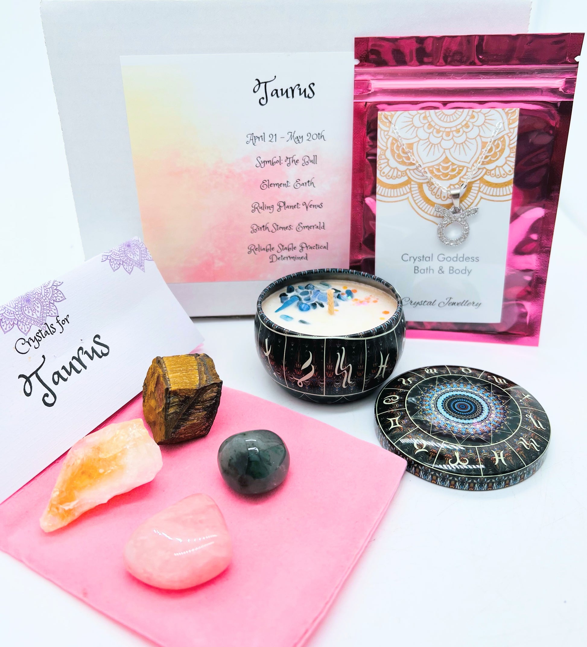 Virgo Zodiac gift box showing crystals for this sign and pendant necklace and crystal set.