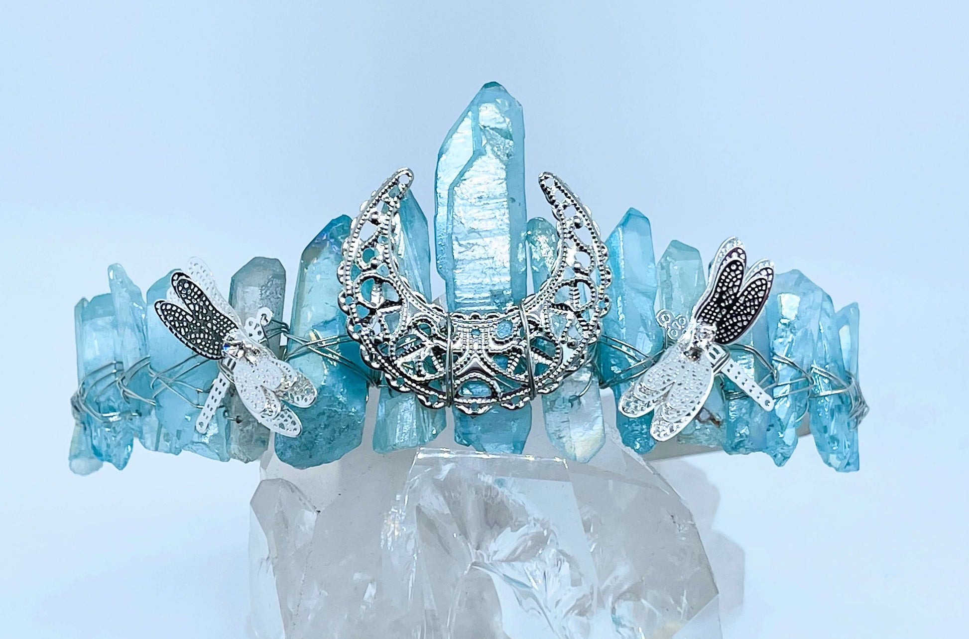 Blue quartz Crystal Crown with dragonfly’s on white background