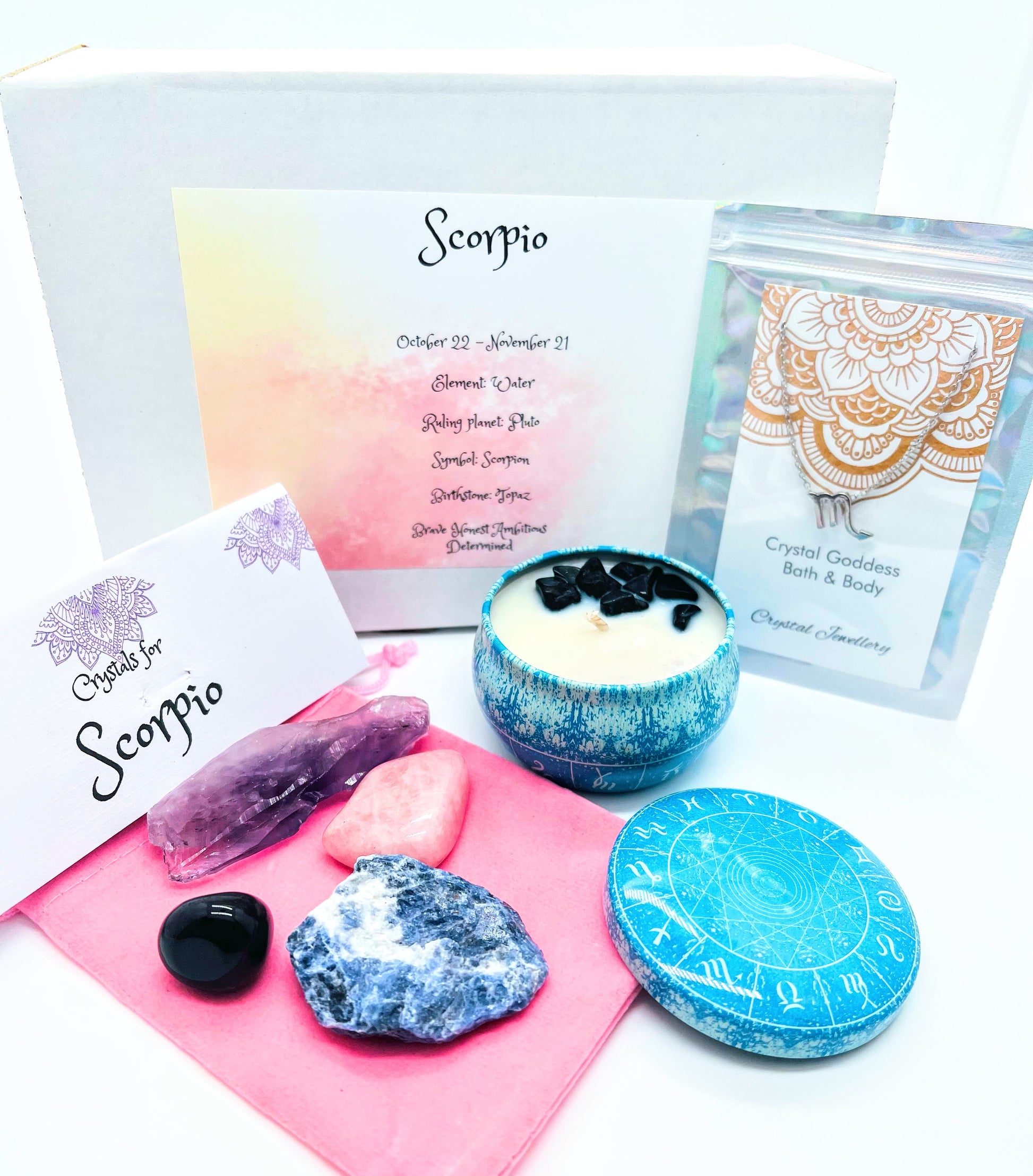 Scorpio Zodiac gift box showing crystals for this sign and pendant necklace and crystal set.