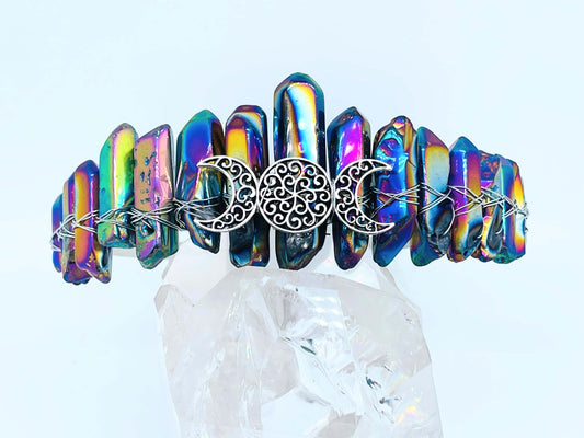 Titanium aura Crystal Crown Triple Goddess Moon style on white background.