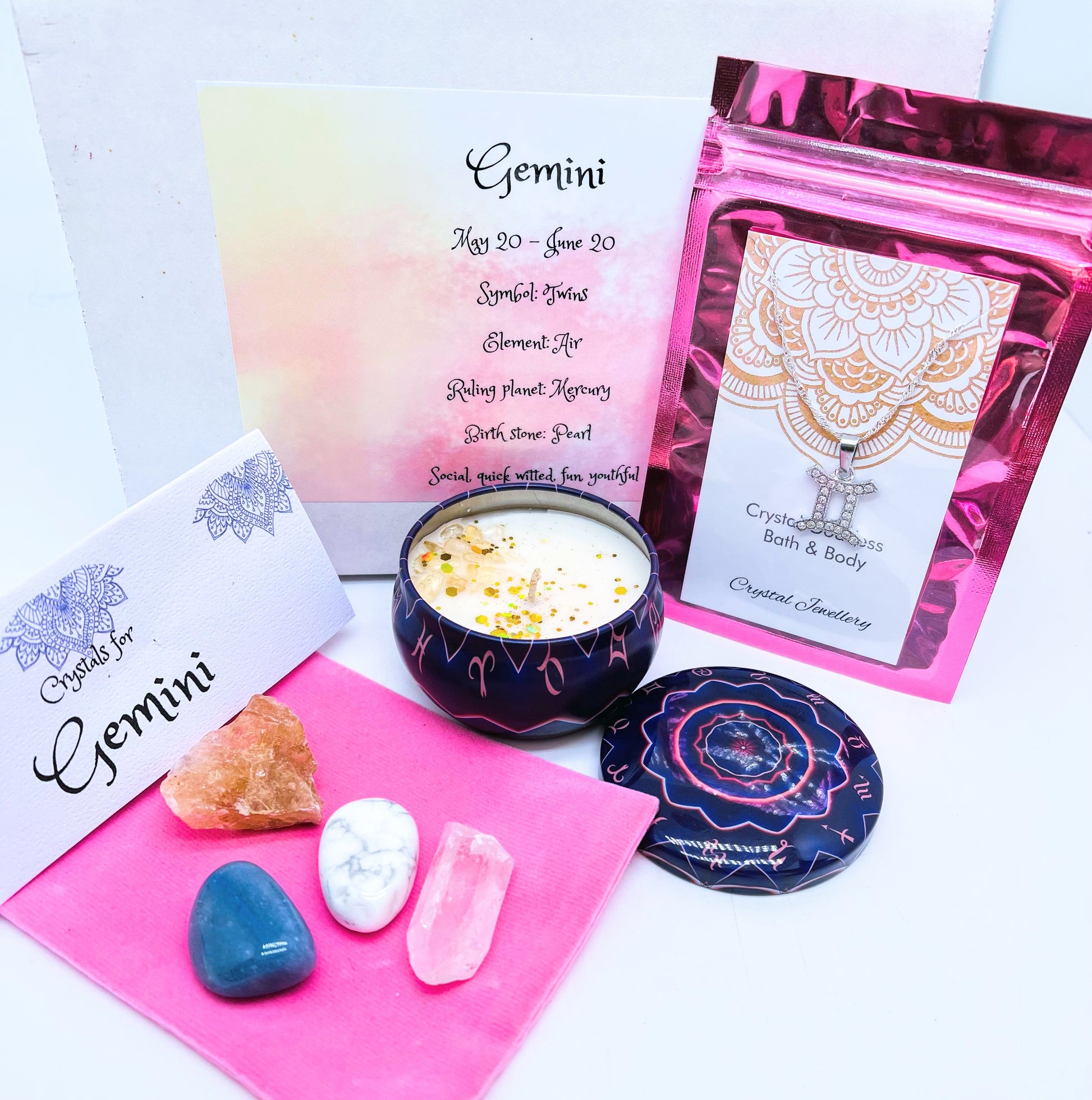Gemini Zodiac gift box showing crystals for this sign and pendant necklace and crystal set.